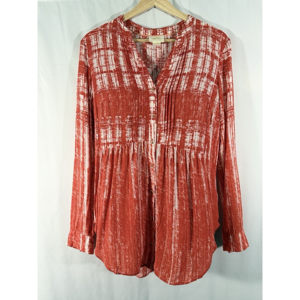 Anthropologie Maeve Calia Tunic Orange V-Neck Buttons Roll-Tab Sleeve Womens 6
